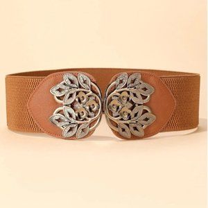 Plant Buckle Wide Belt Brown